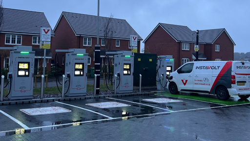 Multiple InstaVolt ultra-rapid EV chargers at Noble Road Cannock with marked charging bays and on-site parking.