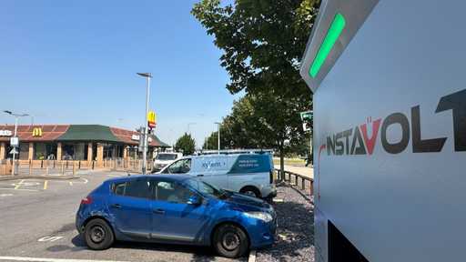 InstaVolt ultra rapid EV charging station at McDonald's on Almond Road, Leicester, offering convenient charging with food and refreshments available while you charge.