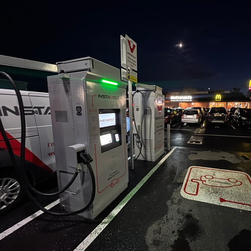 InstaVolt ultra-rapid EV charging points at McDonald’s Ashington, with illuminated chargers and visible parking bay markings at night.