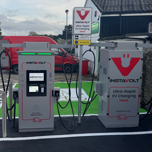 InstaVolt charging units at Jubilee Road Car Park, Wadebridge. Clearly marked bays, 24/7 access, and ultra rapid charging.