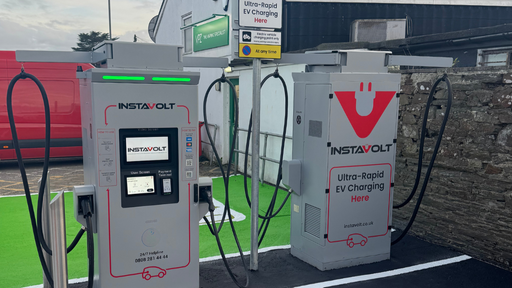 Modern ultra-rapid InstaVolt chargers at Wadebridge Jubilee Road. EV-only bays and clear directional signage for users.