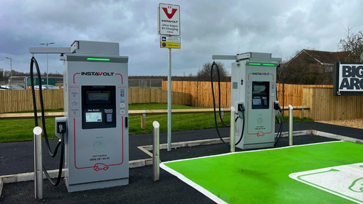 Ultra-rapid InstaVolt charging units positioned in dedicated green EV bays at the McDonald’s car park on Yarm Road.
