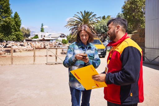 DHL Express courier delivering a DHL Express Envelope 1 to a recipient outdoors, with a yellow DHL van and palm trees visible in the background.