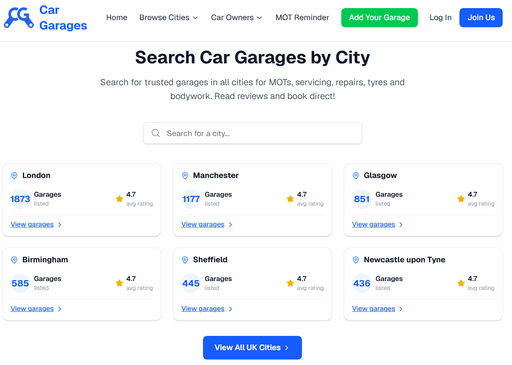 Search garages in over 60 cities across the UK