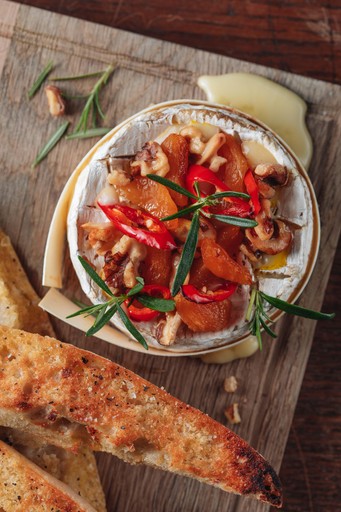 Baked Camembert, apricots, chilli, walnuts, warm sourdough