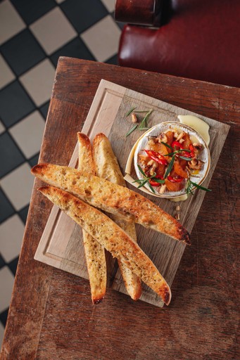 Baked Camembert, apricots, chilli, walnuts, warm sourdough
