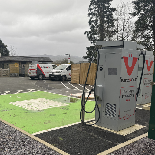 Multiple InstaVolt ultra rapid charging bays at Y Beudy Cymru, offering a convenient charging stop for journeys through Porthmadog, Gwynedd and Eryri National Park.