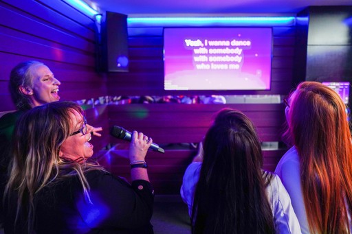 Friends in a karaoke room singing together